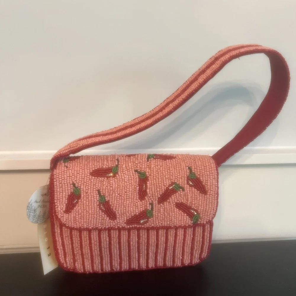 NEW-Handcrafted In India Beaded Chili Peppers Pink Red Striped Shoulder Bag